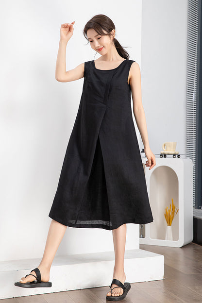 Black Linen Midi Dress - Sleeveless with Belted Waist 4241