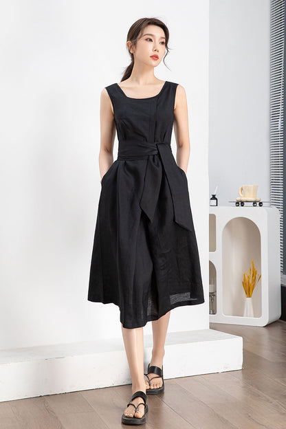 Black Linen Midi Dress - Sleeveless with Belted Waist 4241