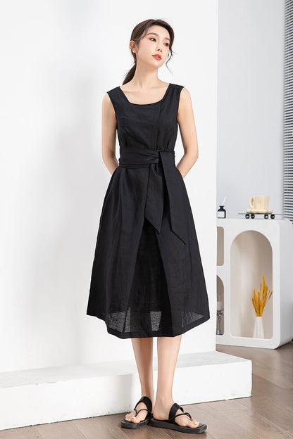 Black Sleeveless Linen Dress 4241