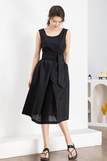 Black Linen Midi Dress - Sleeveless with Belted Waist 4241