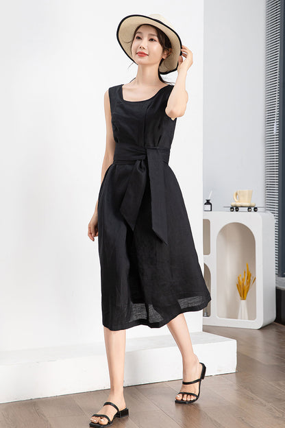 Black Linen Midi Dress - Sleeveless with Belted Waist 4241