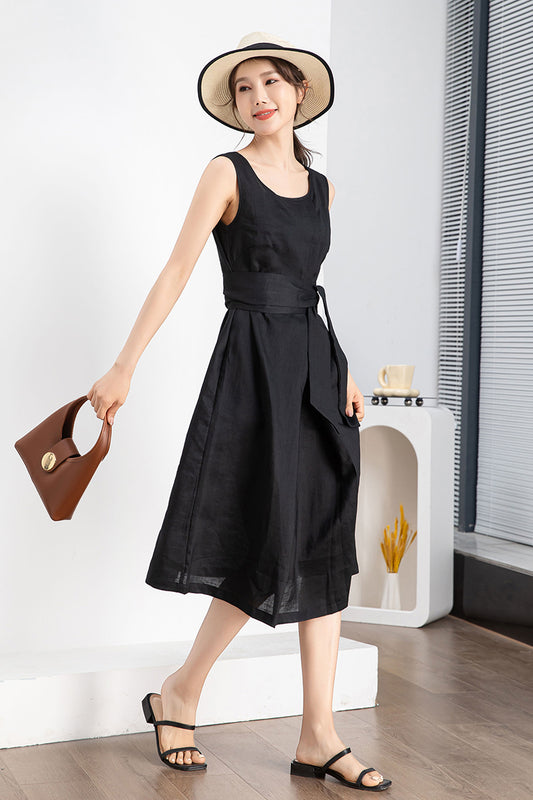 Black Sleeveless Linen Dress 4241