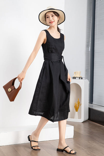 Black Linen Midi Dress - Sleeveless with Belted Waist 4241