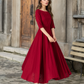 Handmade Red Linen Cotton Midi Dress – Elegant Occasion Fit & Flare with Pockets 5624