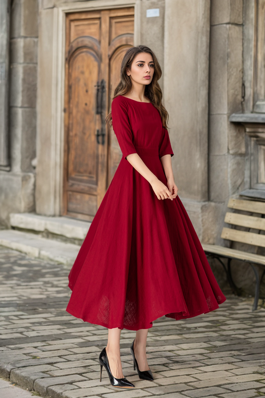 Handmade Red Linen Cotton Midi Dress – Elegant Occasion Fit & Flare with Pockets 5624