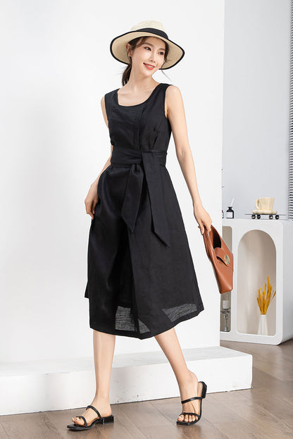 Black Linen Midi Dress - Sleeveless with Belted Waist 4241