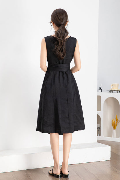 Black Linen Midi Dress - Sleeveless with Belted Waist 4241