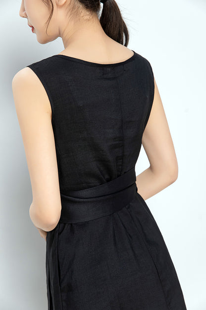 Black Linen Midi Dress - Sleeveless with Belted Waist 4241