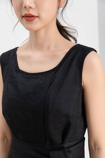 Black Linen Midi Dress - Sleeveless with Belted Waist 4241