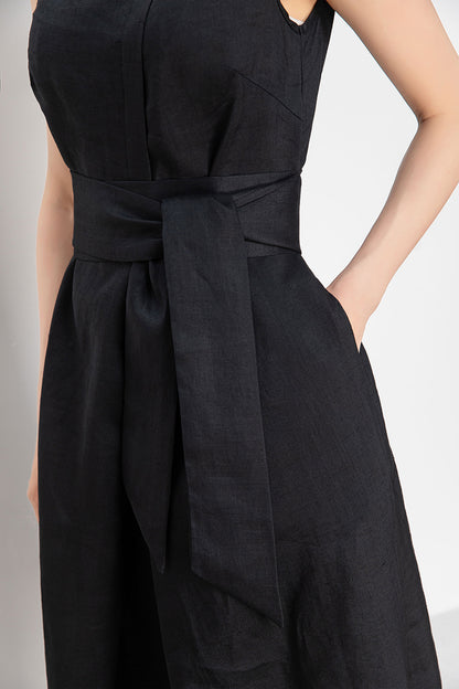 Black Linen Midi Dress - Sleeveless with Belted Waist 4241