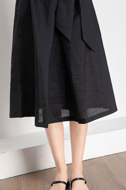 Black Linen Midi Dress - Sleeveless with Belted Waist 4241