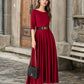 Handmade Red Linen Cotton Midi Dress – Elegant Occasion Fit & Flare with Pockets 5624