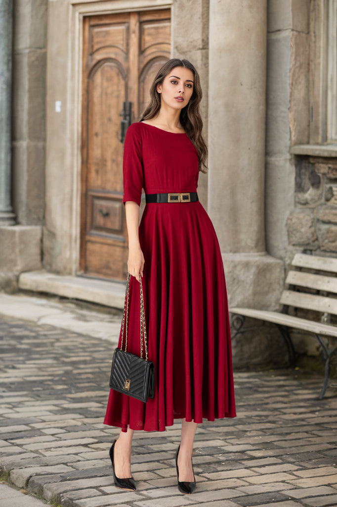 Handmade Red Linen Cotton Midi Dress – Elegant Occasion Fit & Flare with Pockets 5624