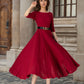 Handmade Red Linen Cotton Midi Dress – Elegant Occasion Fit & Flare with Pockets 5624