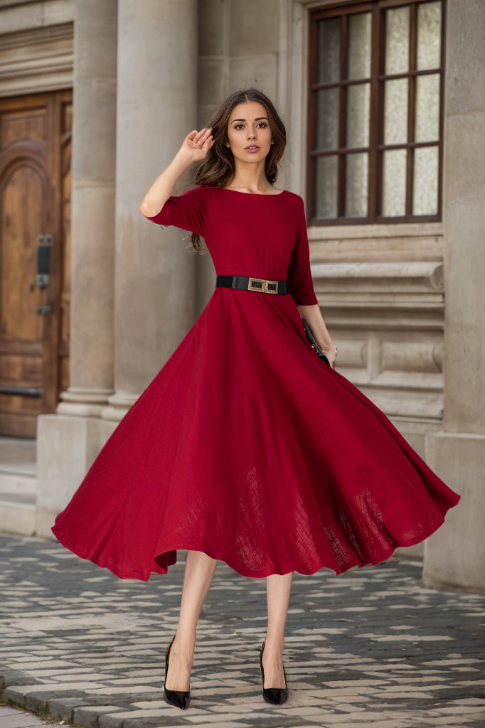 Handmade Red Linen Cotton Midi Dress – Elegant Occasion Fit & Flare with Pockets 5624