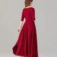 Handmade Red Linen Cotton Midi Dress – Elegant Occasion Fit & Flare with Pockets 5624