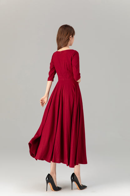 Burgundy Linen Midi Dress – Handmade Fit & Flare Dress for Special Occasions | Xiaolizi 5624