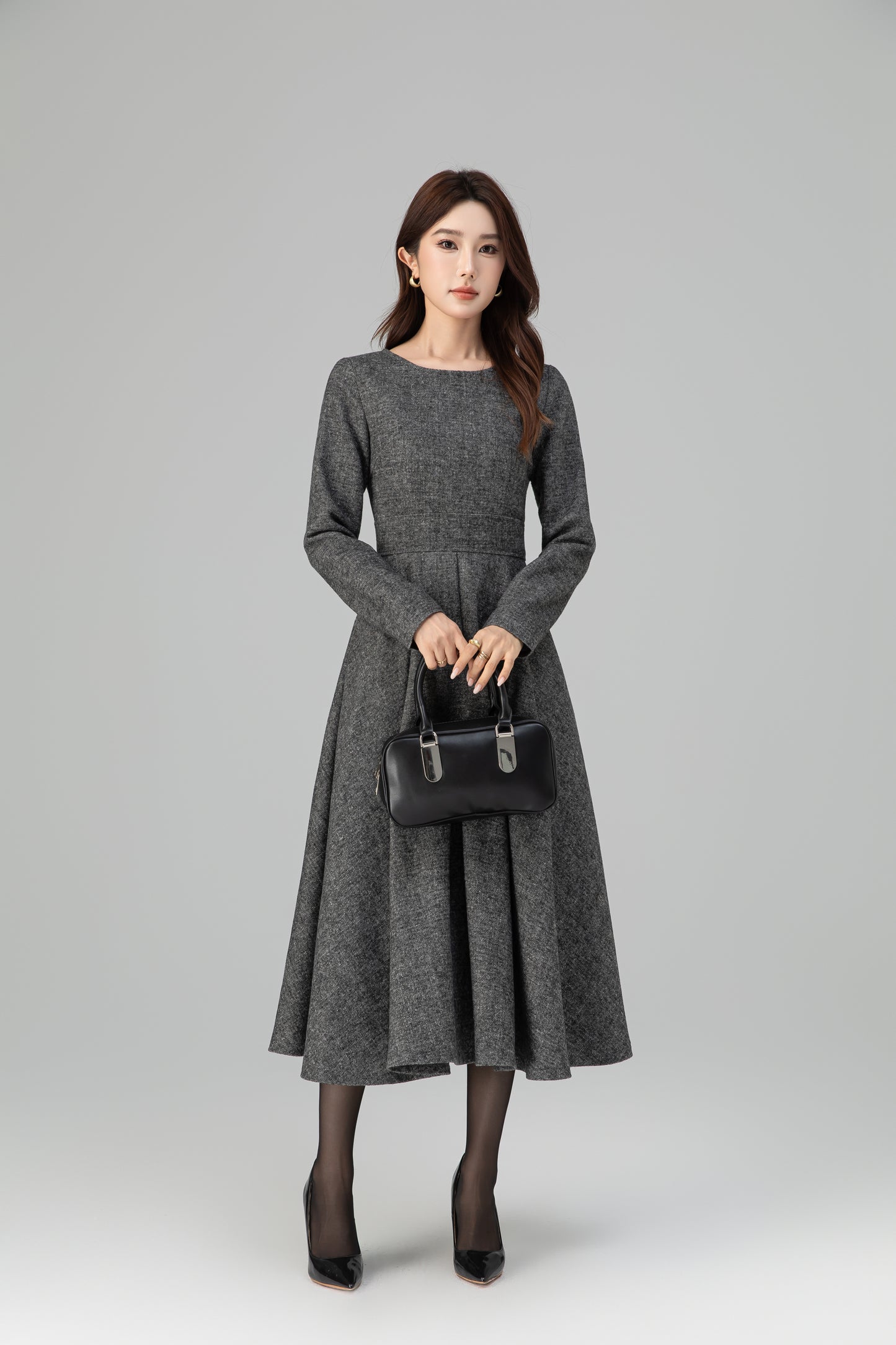 Xiaolizi Vintage-Inspired Handmade Wool Blend Fit & Flare Midi Dress – Long Sleeve Round Neck 6501