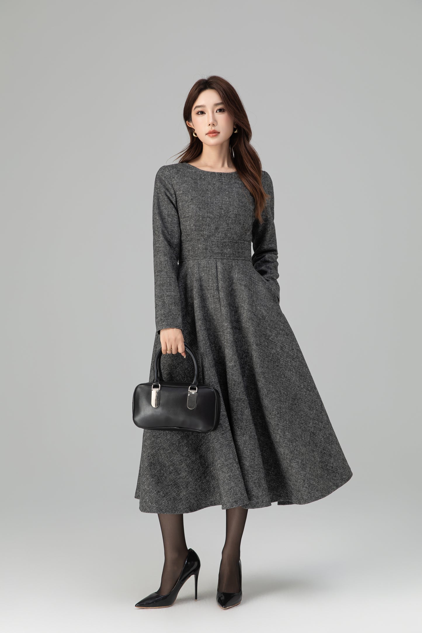 Xiaolizi Vintage-Inspired Handmade Wool Blend Fit & Flare Midi Dress – Long Sleeve Round Neck 6501