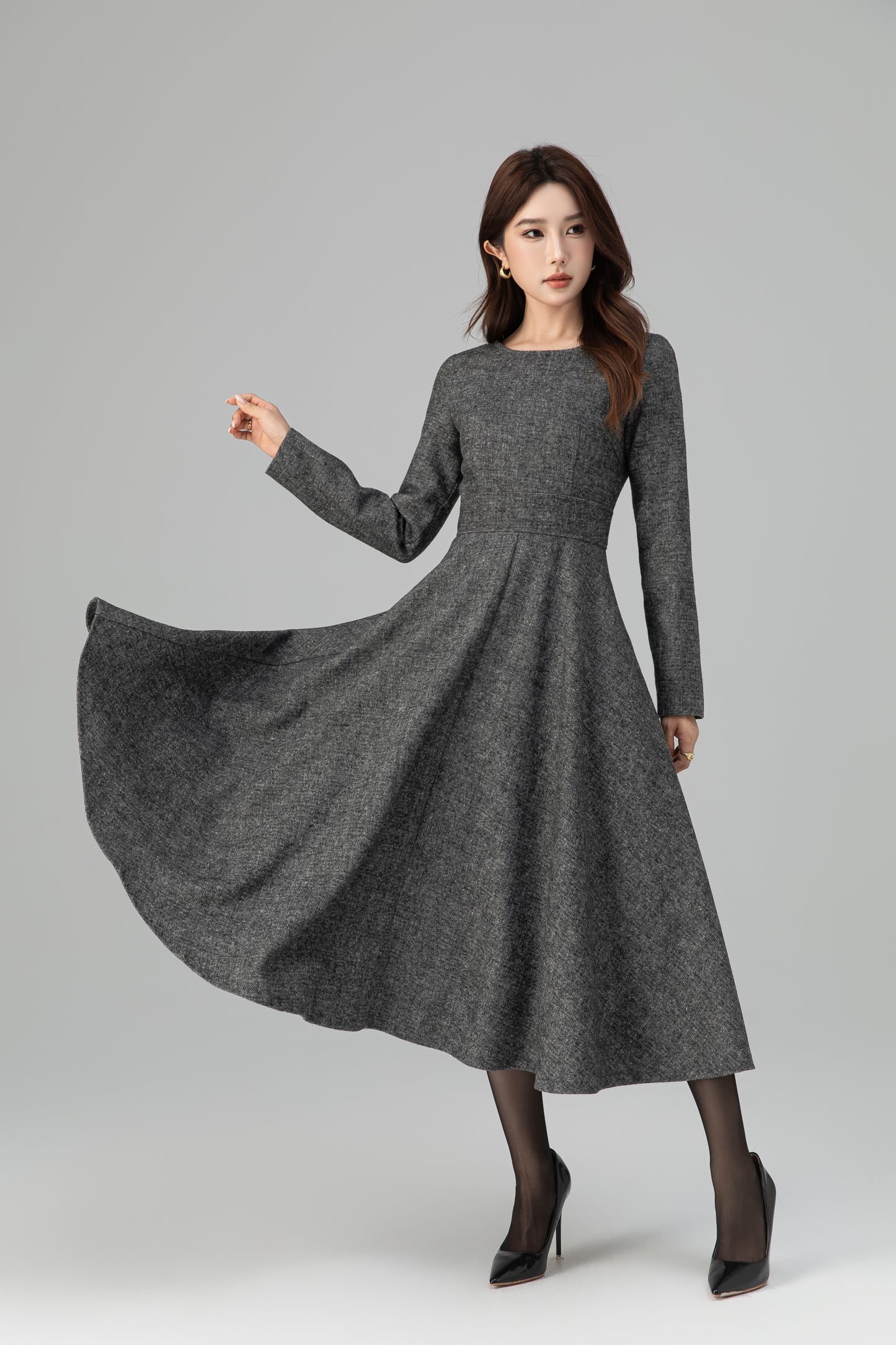 Xiaolizi Vintage-Inspired Handmade Wool Blend Fit & Flare Midi Dress – Long Sleeve Round Neck 6501