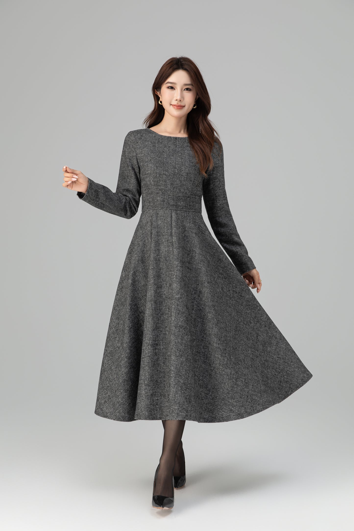 Xiaolizi Vintage-Inspired Handmade Wool Blend Fit & Flare Midi Dress – Long Sleeve Round Neck 6501