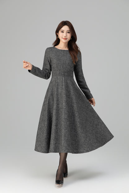 Xiaolizi Vintage-Inspired Handmade Wool Blend Fit & Flare Midi Dress – Long Sleeve Round Neck 6501