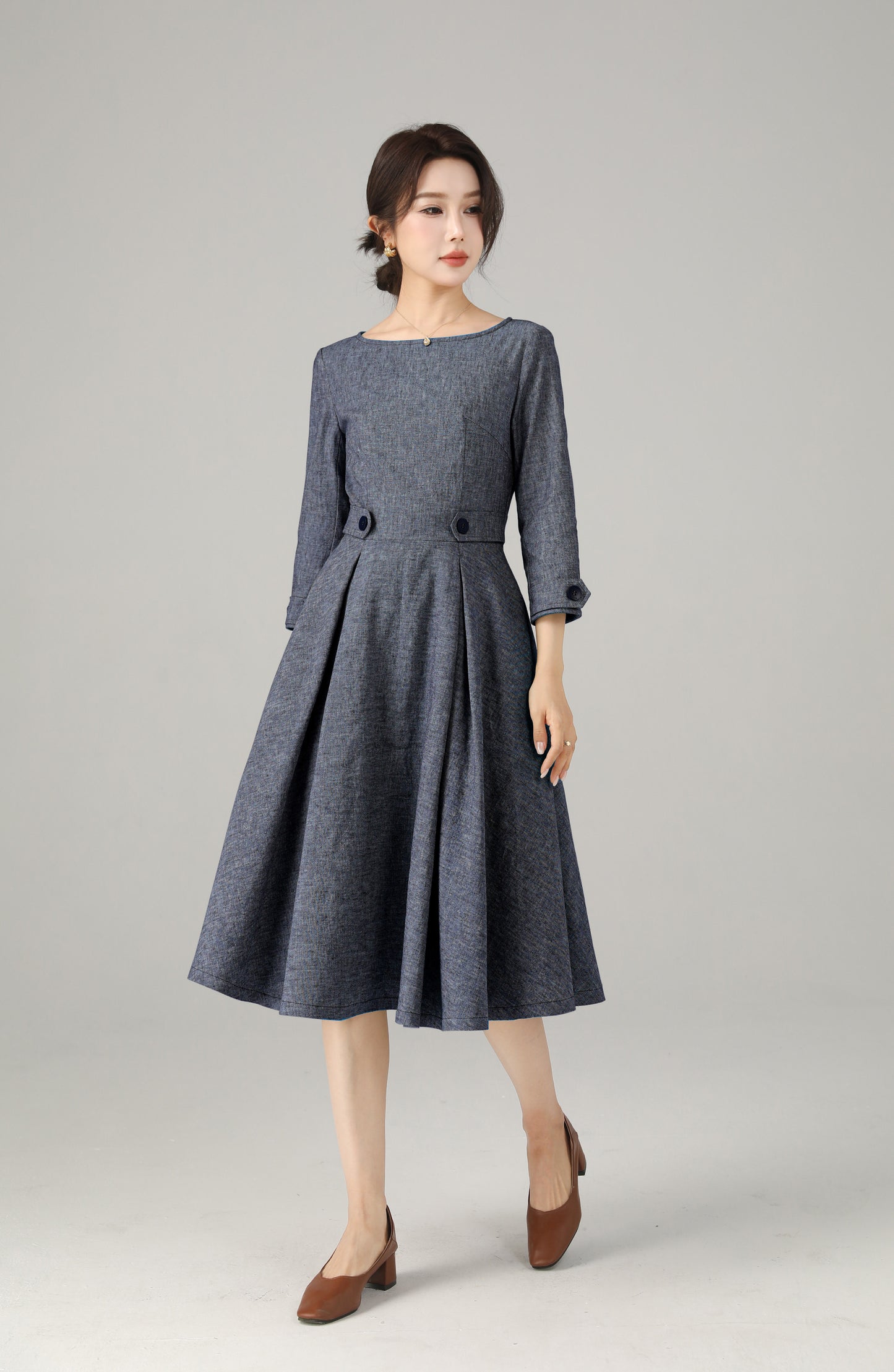 Blue Linen Cotton Dress - A-Line Midi | Xiaolizi 6718