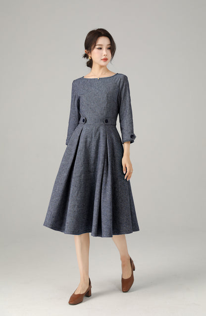 Blue Linen Cotton Dress - A-Line Midi | Xiaolizi 6718
