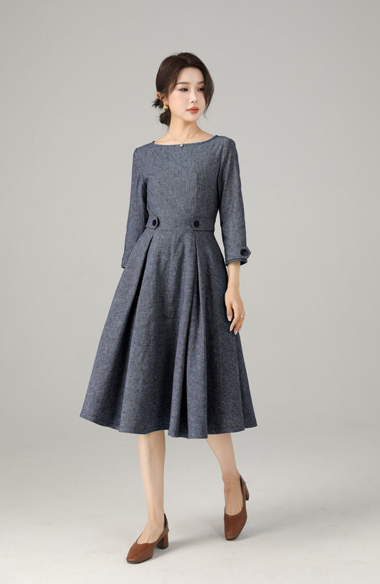 Blue Linen Cotton Dress - A-Line Midi | Xiaolizi 6718