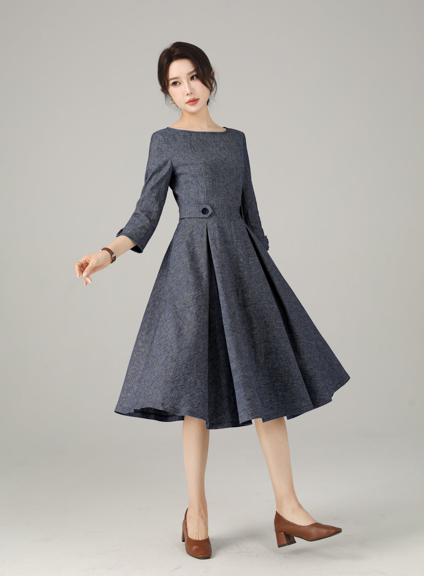Blue Linen Cotton Dress - A-Line Midi | Xiaolizi 6718