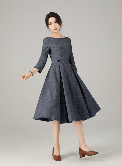 Blue Linen Cotton Dress - A-Line Midi | Xiaolizi 6718