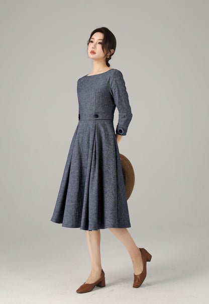 Blue Linen Cotton Dress - A-Line Midi | Xiaolizi 6718