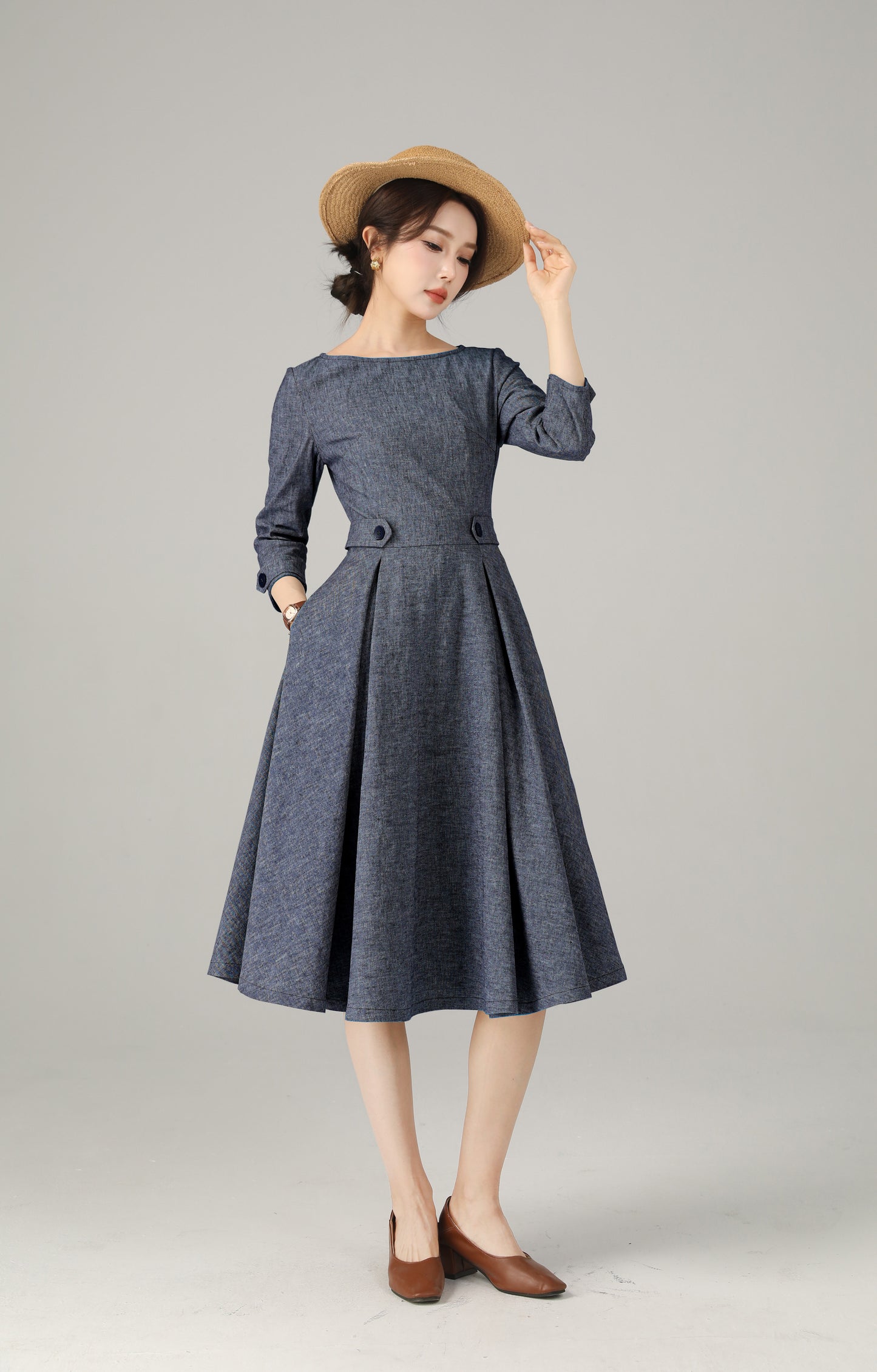 Blue Linen Cotton Dress - A-Line Midi | Xiaolizi 6718