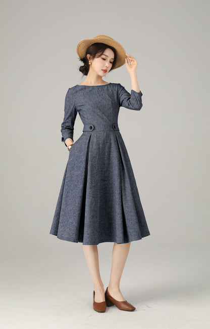 Blue Linen Cotton Dress - A-Line Midi | Xiaolizi 6718