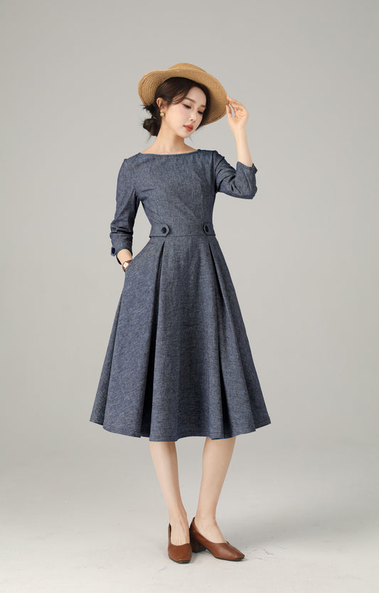 Blue Linen Cotton Dress - A-Line Midi | Xiaolizi 6718