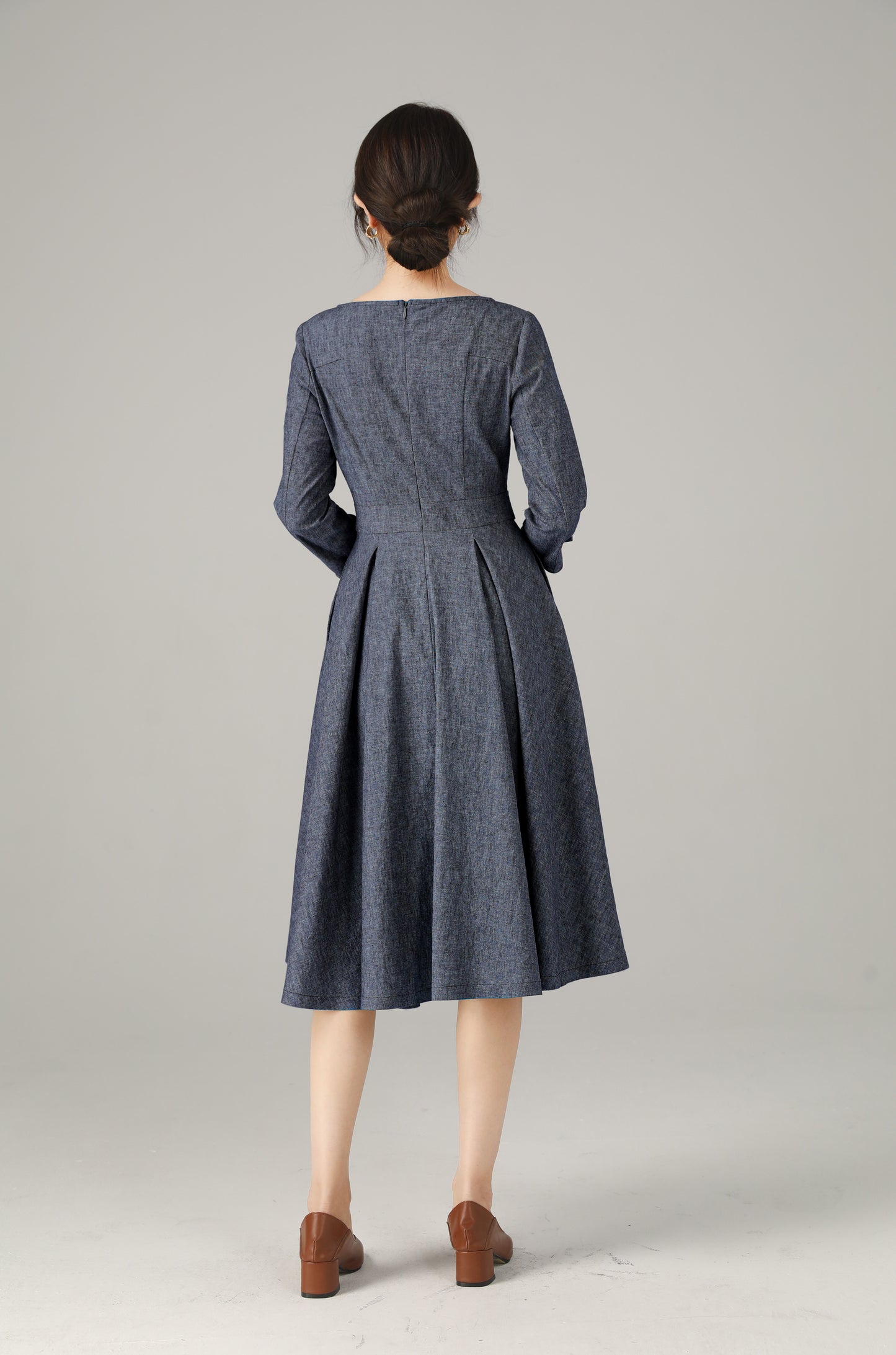 Blue Linen Cotton Dress - A-Line Midi | Xiaolizi 6718