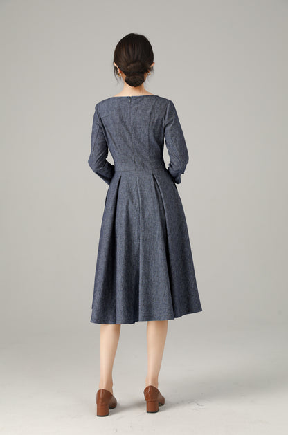 Blue Linen Cotton Dress - A-Line Midi | Xiaolizi 6718
