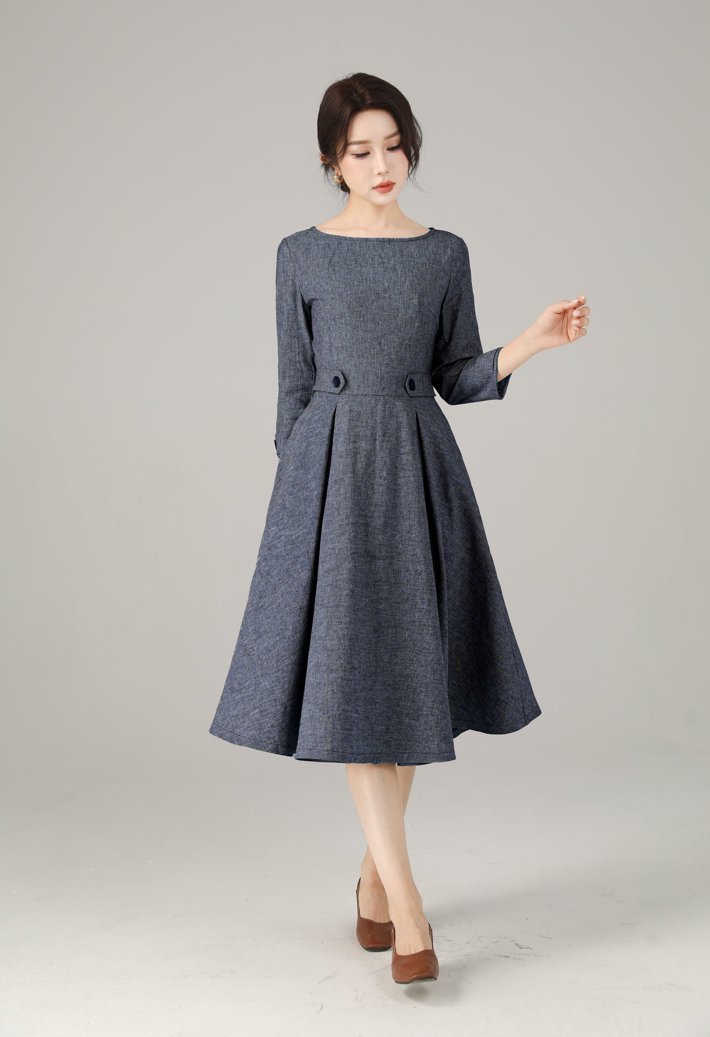 Blue Linen Cotton Dress - A-Line Midi | Xiaolizi 6718