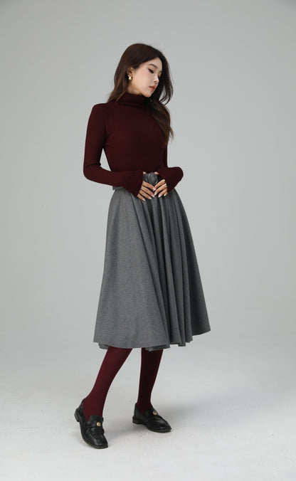 Grey Wool Pleated Midi Skirt - A-Line Silhouette with Elegant Movement 6451