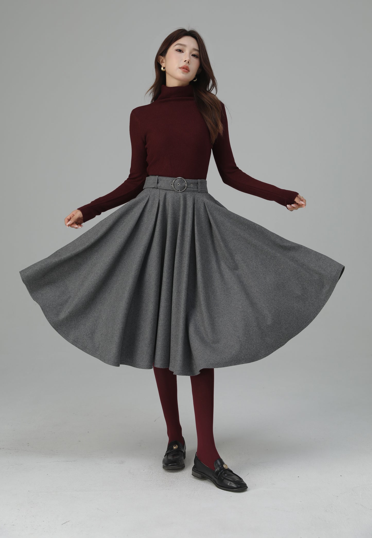 Grey Wool Pleated Midi Skirt - A-Line Silhouette with Elegant Movement 6451