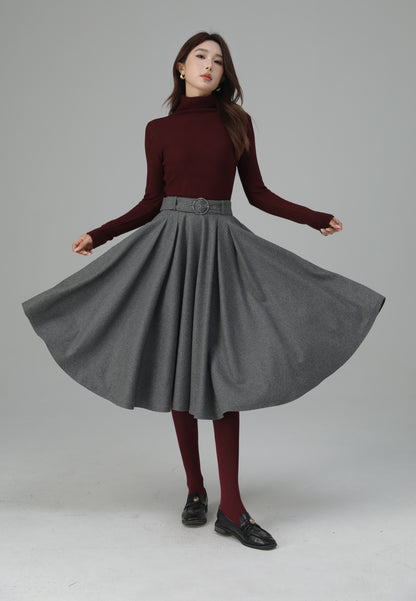 Grey Wool Pleated Midi Skirt - A-Line Silhouette with Elegant Movement 6451