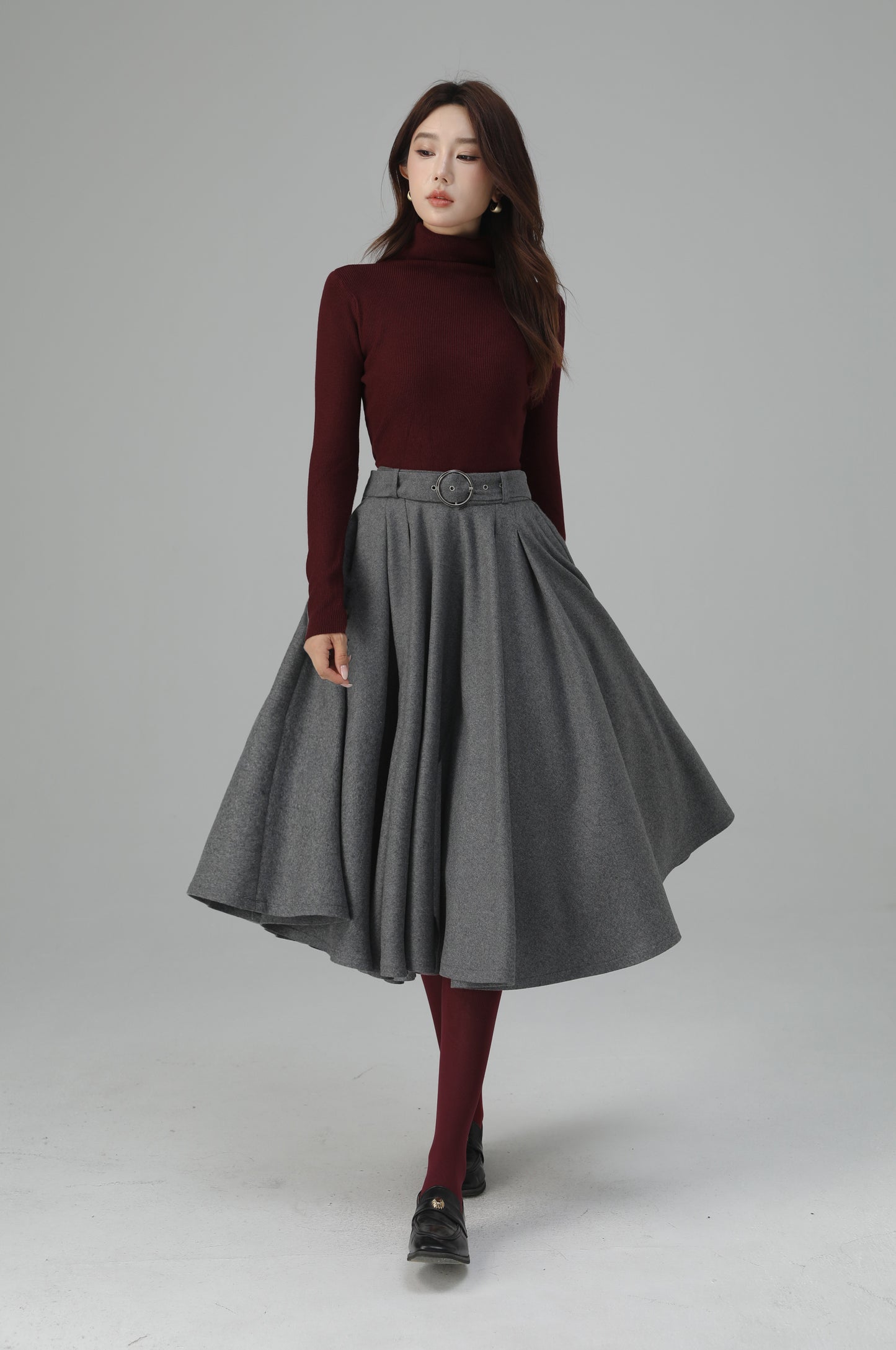 Grey Wool Pleated Midi Skirt - A-Line Silhouette with Elegant Movement 6451