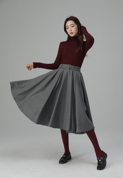 Grey Wool Pleated Midi Skirt - A-Line Silhouette with Elegant Movement 6451