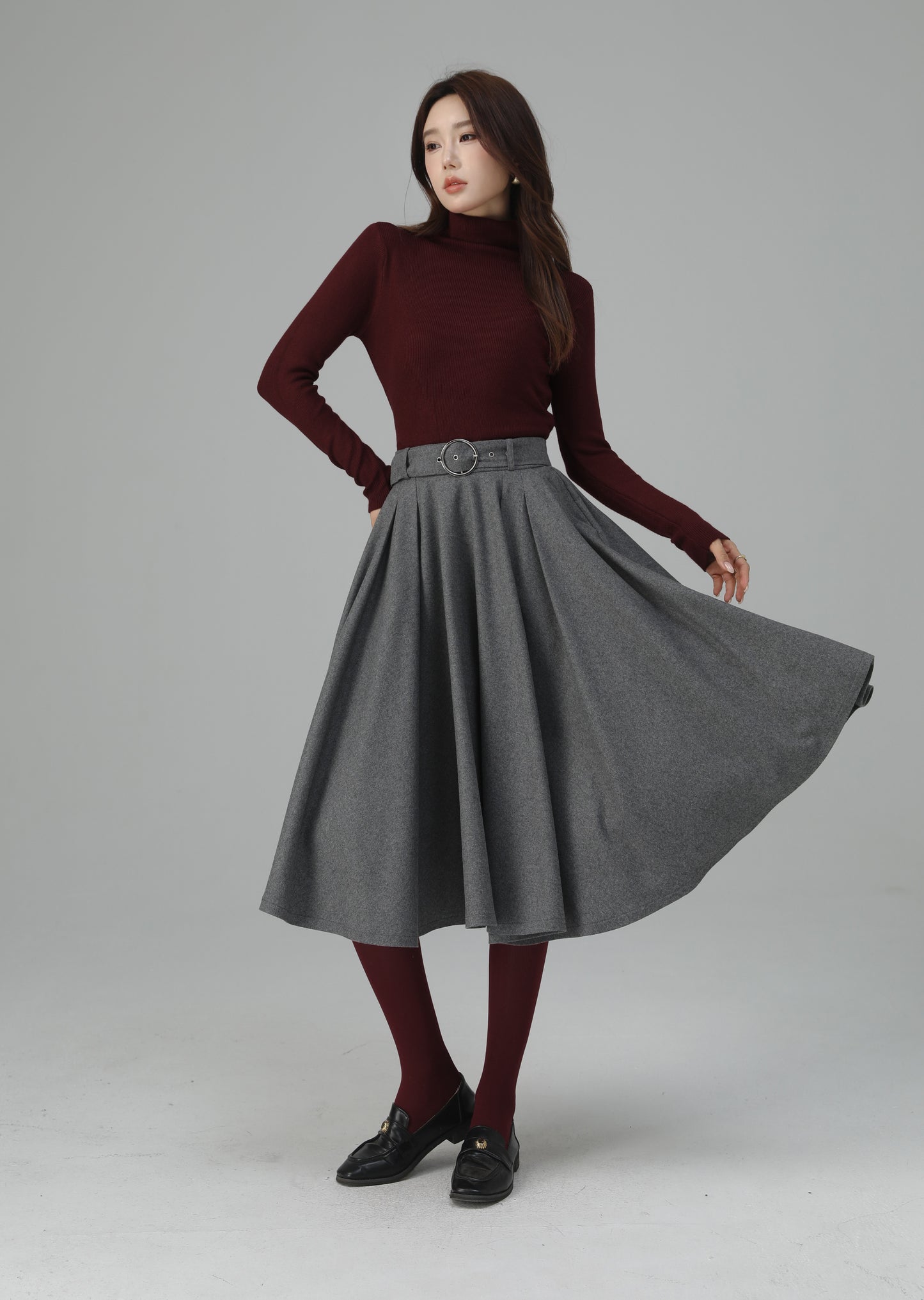 Grey Wool Pleated Midi Skirt - A-Line Silhouette with Elegant Movement 6451