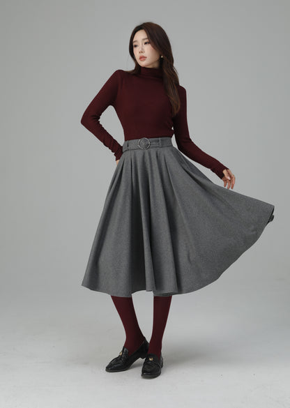 Grey Wool Pleated Midi Skirt - A-Line Silhouette with Elegant Movement 6451