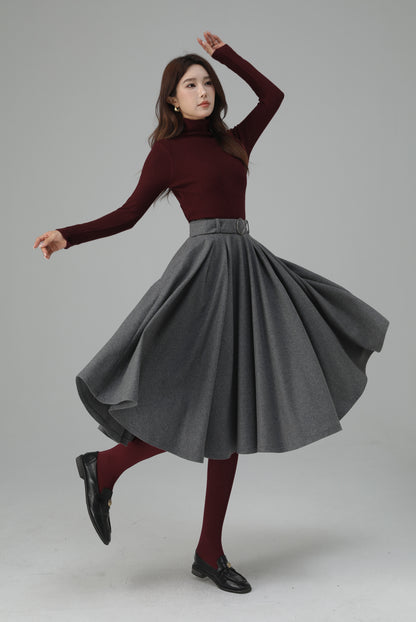 Grey Wool Pleated Midi Skirt - A-Line Silhouette with Elegant Movement 6451