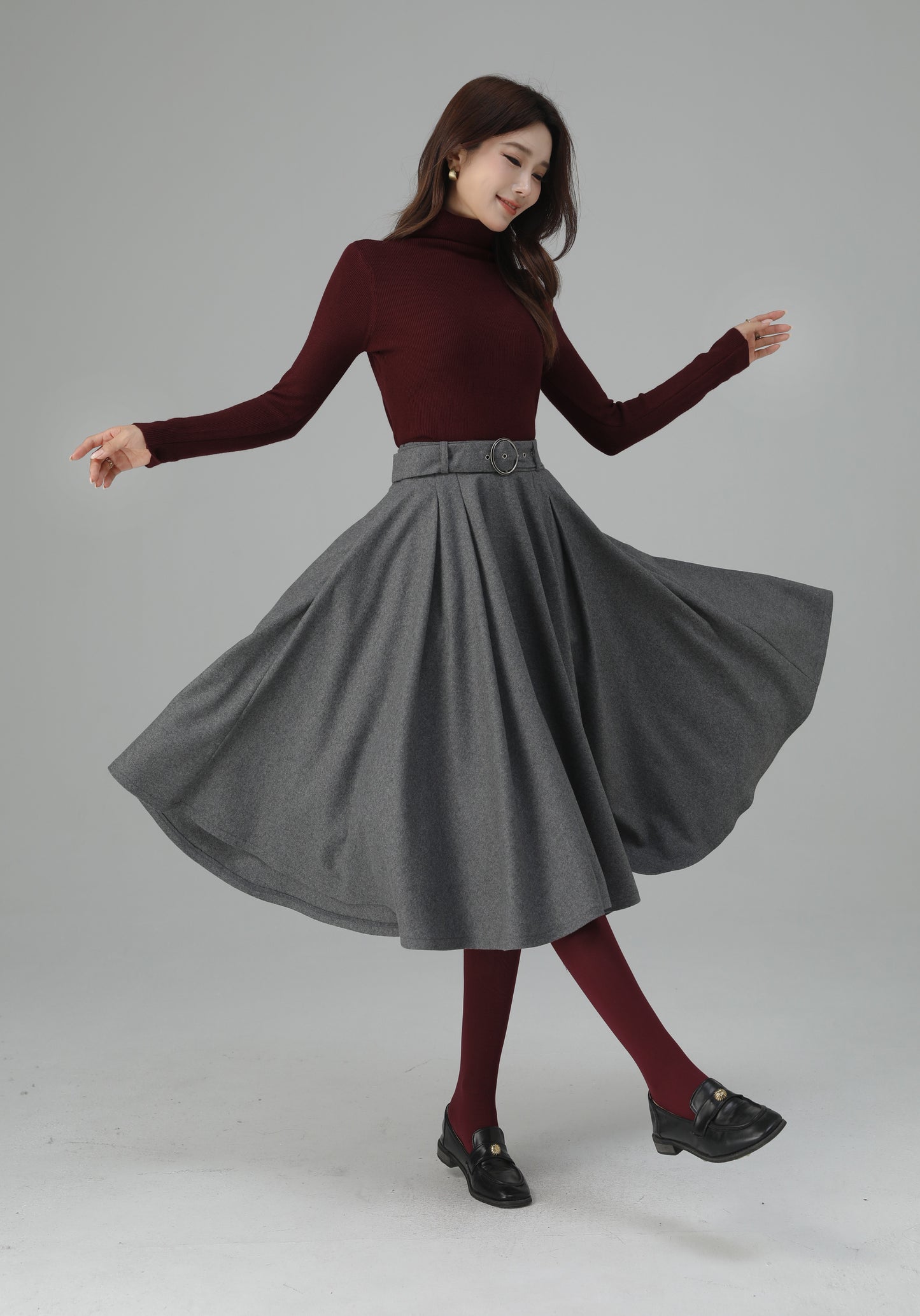 Grey Wool Pleated Midi Skirt - A-Line Silhouette with Elegant Movement 6451
