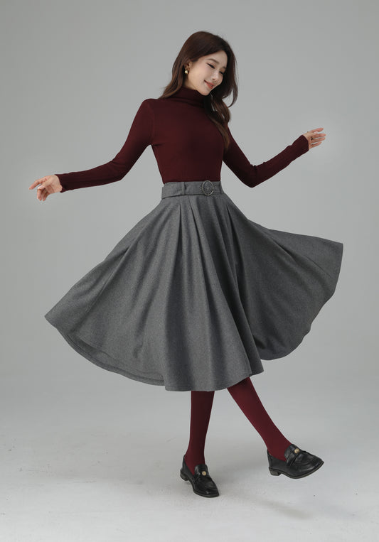 Chic Grey Wool Pleated Midi Skirt 6451