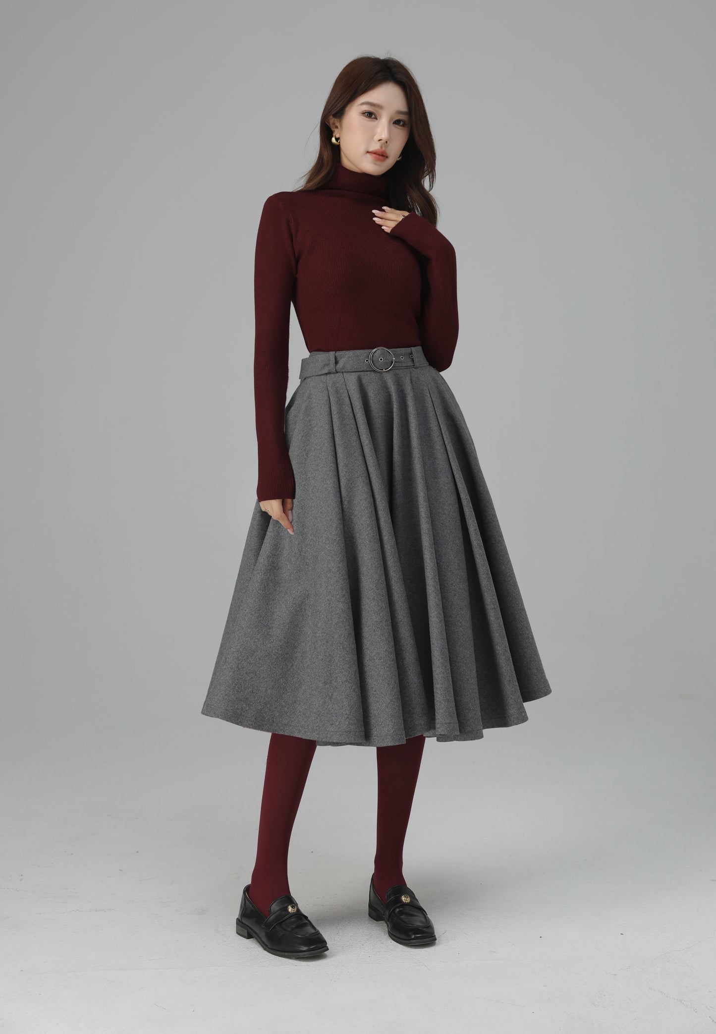 Grey Wool Pleated Midi Skirt - A-Line Silhouette with Elegant Movement 6451