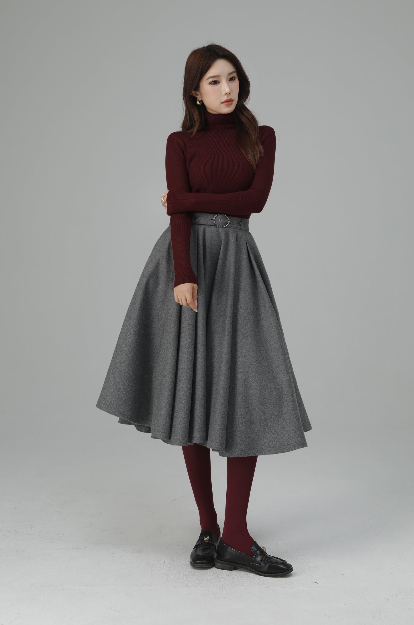 Grey Wool Pleated Midi Skirt - A-Line Silhouette with Elegant Movement 6451